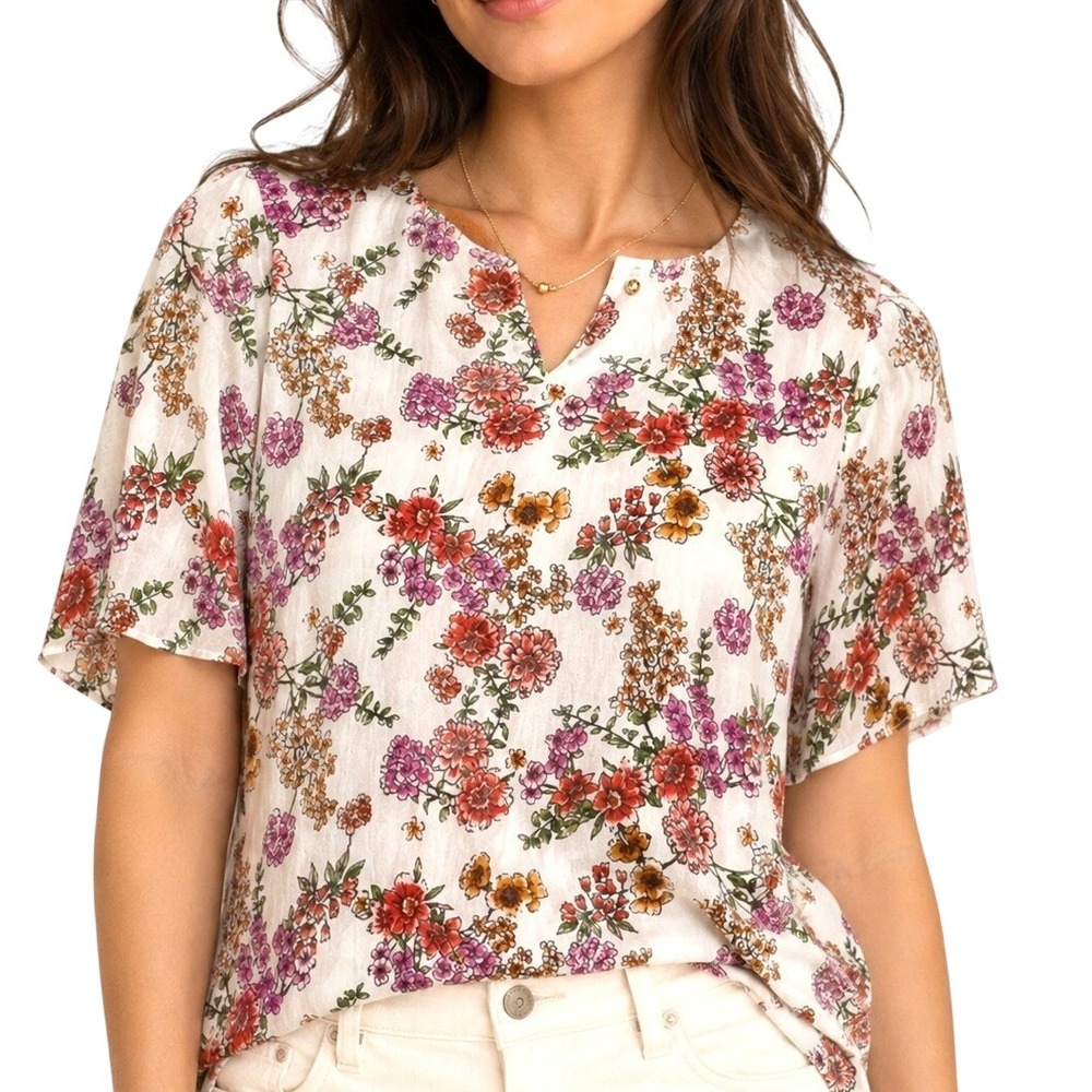 Love Ryan Women White Floral Mesh Chain Neck Short Sleeve Blouse S/M 477M14A234R